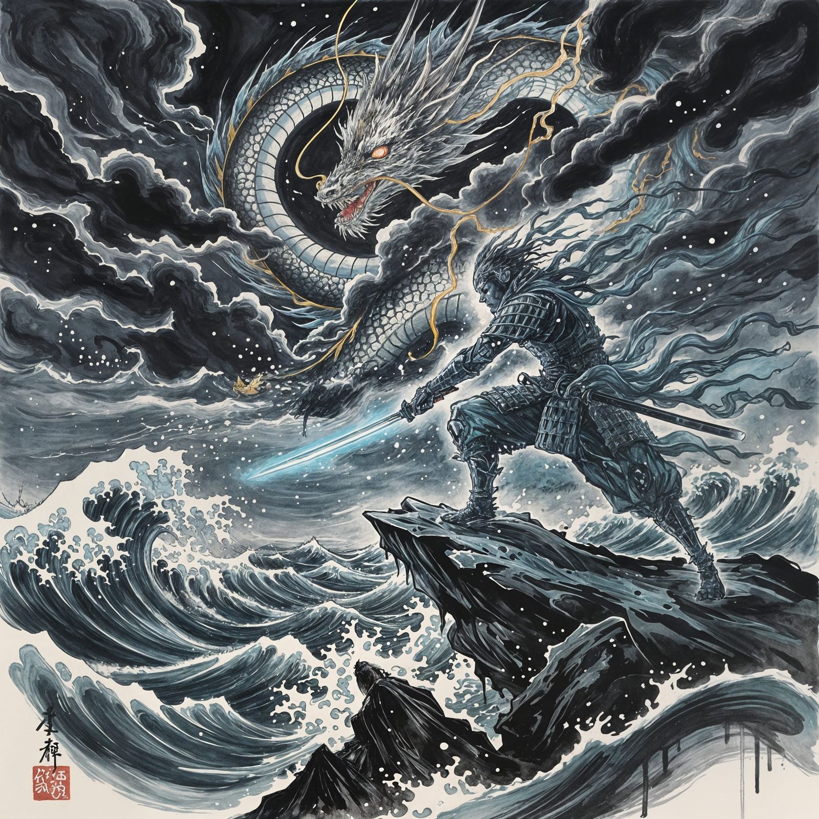 Spectral Samurai Warrior in Stormy Sea