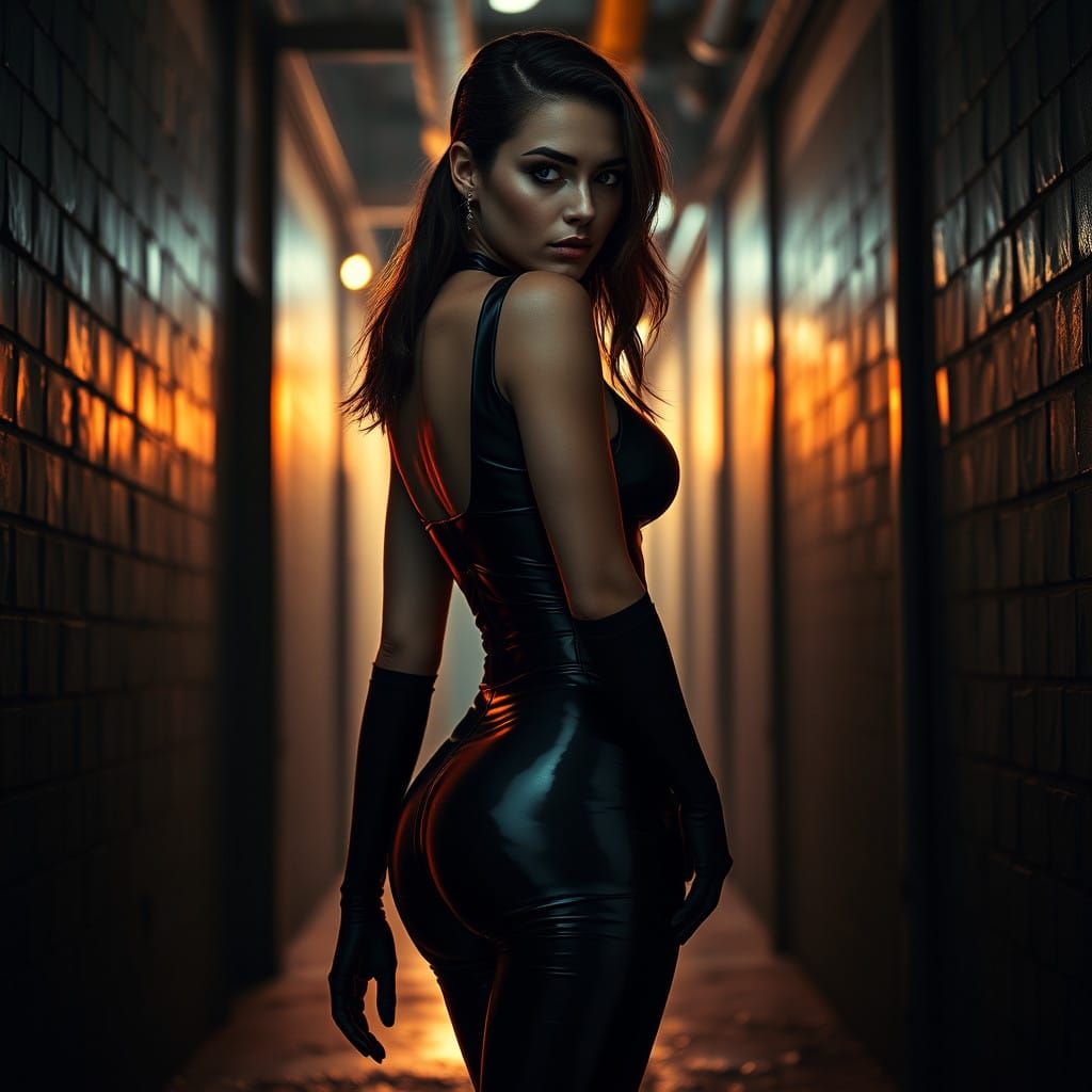 Confident Woman in Wet-Look Latex Suit, Hyperrealistic Style