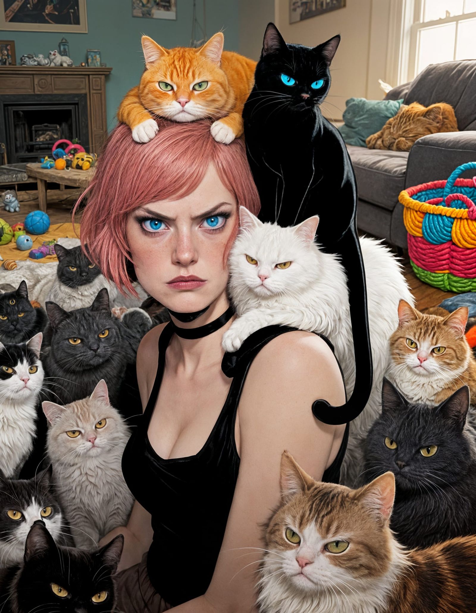 Overwhelmed Woman with Grumpy Cats in Dutch Angle Portrait