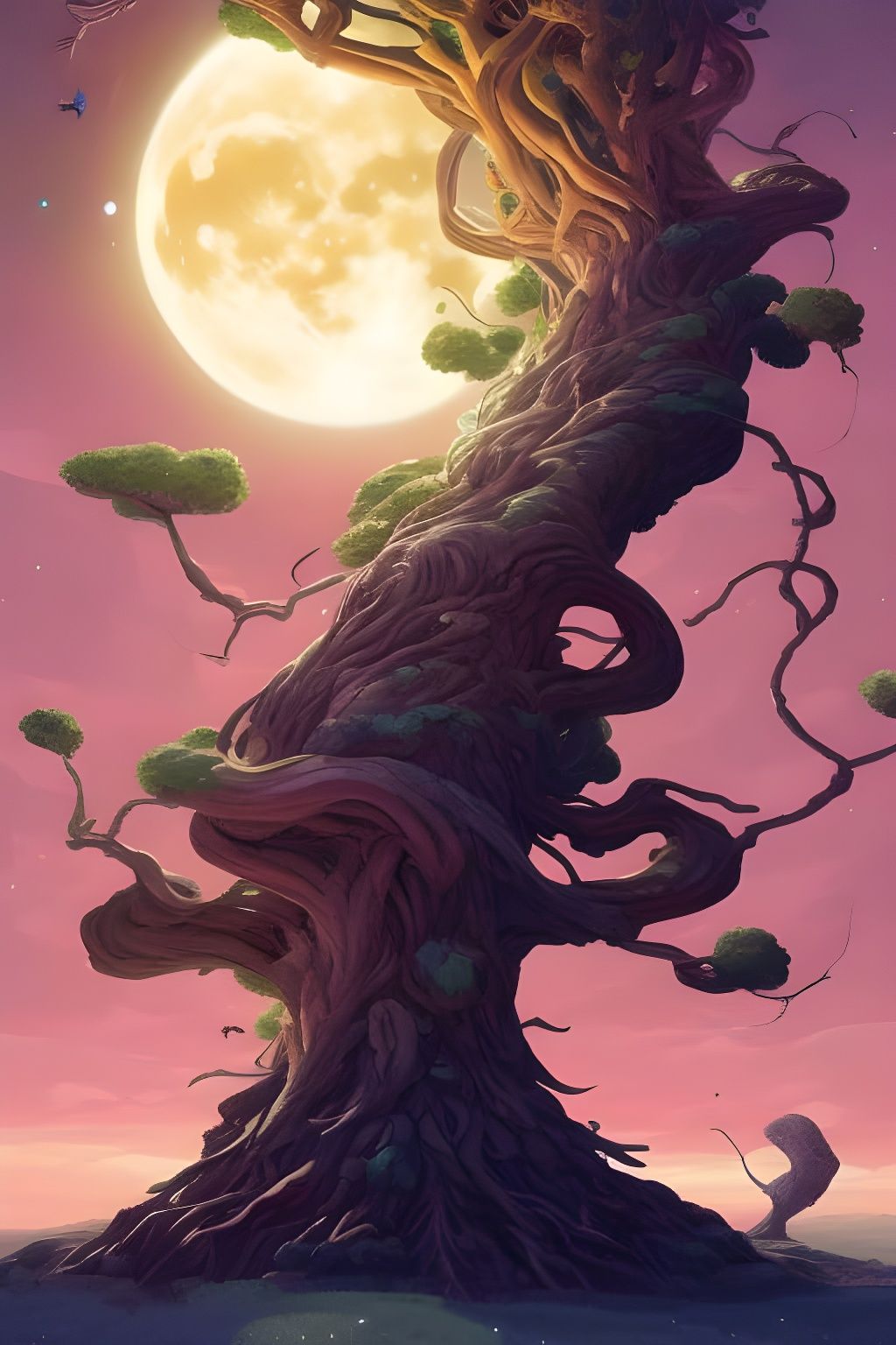 Leafy Tree Entwined with Moon in Watercolor Style