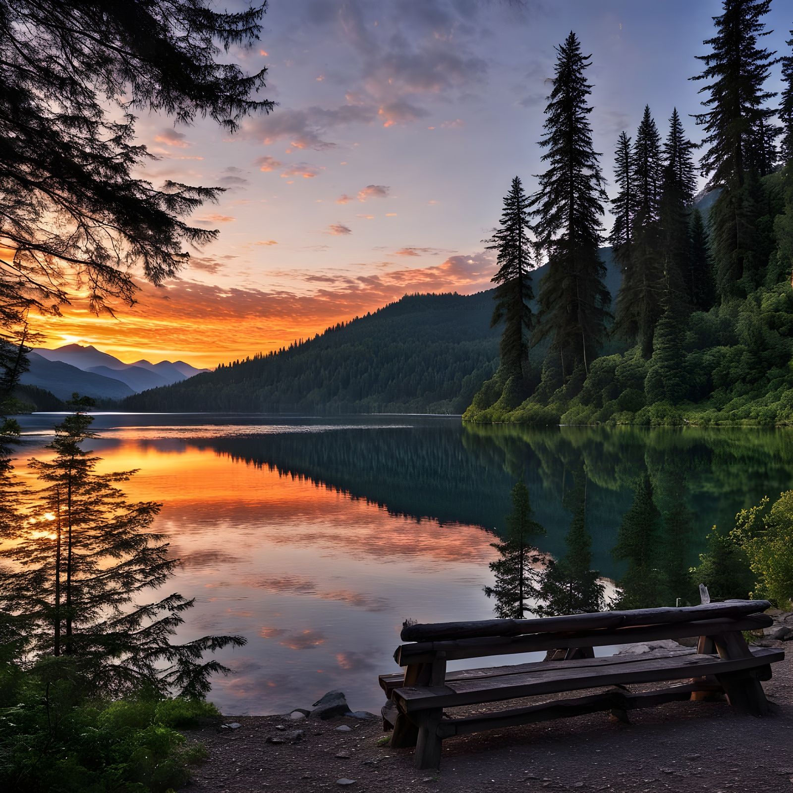 Spectacular Sunset Over Mountain Lake with Tall Trees