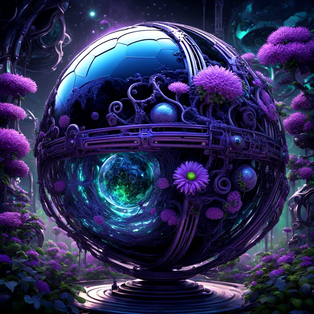 Biomechanical Globe with Blooming Garden in Giger Style