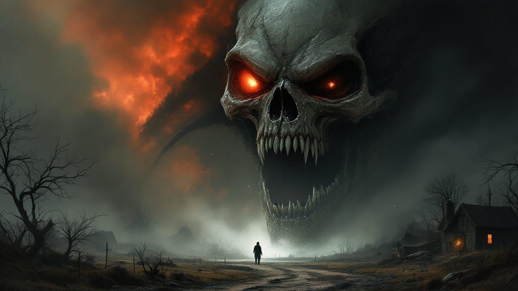 Eerie Alien Skull Emerges from Mist in Dark Fantasy