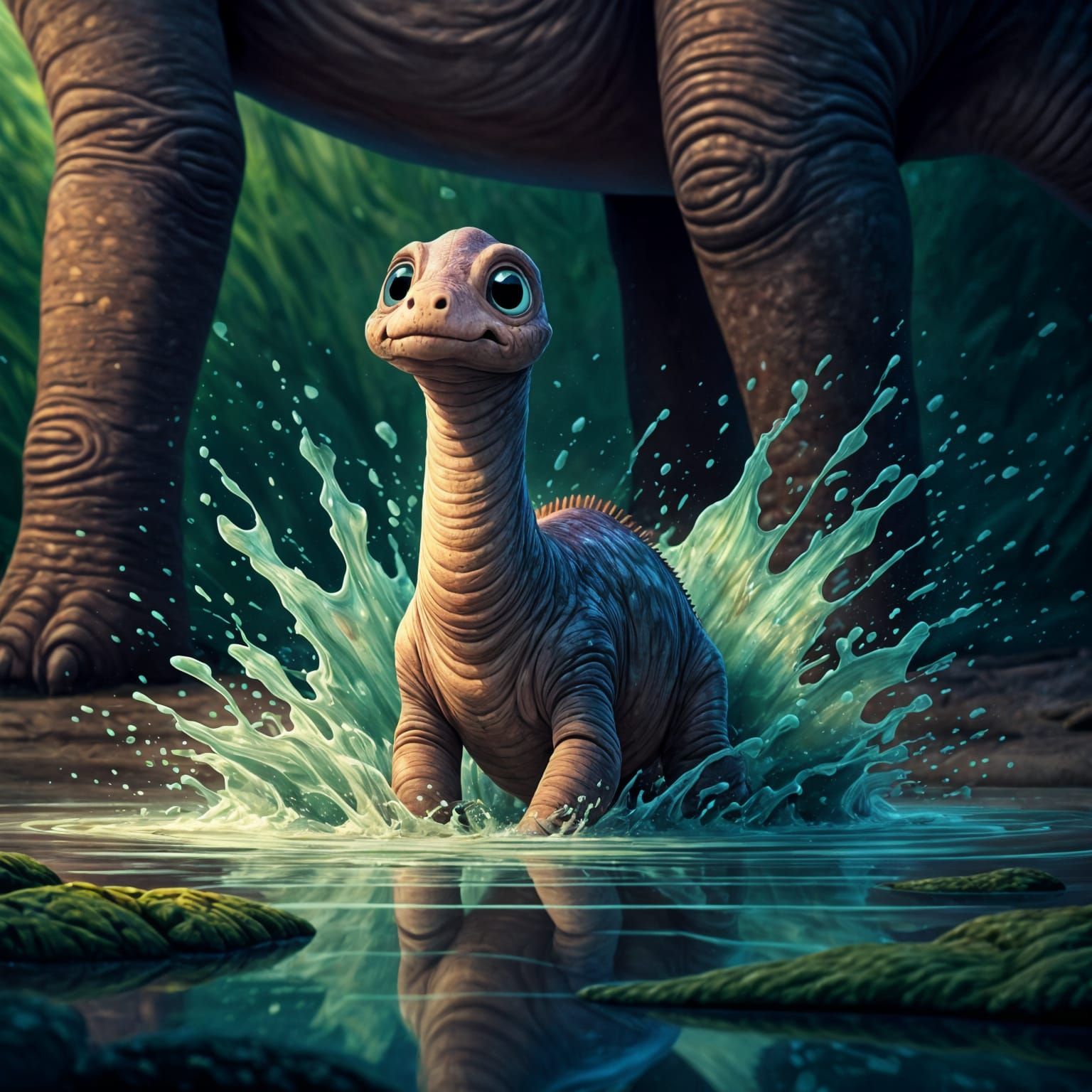 Excited Baby Diplodocus Splashing in Puddle