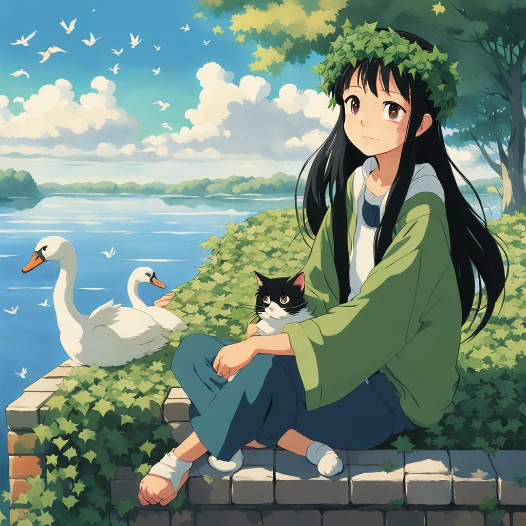 Ivy Crown Fairy Overlooking Lake: Studio Ghibli Style