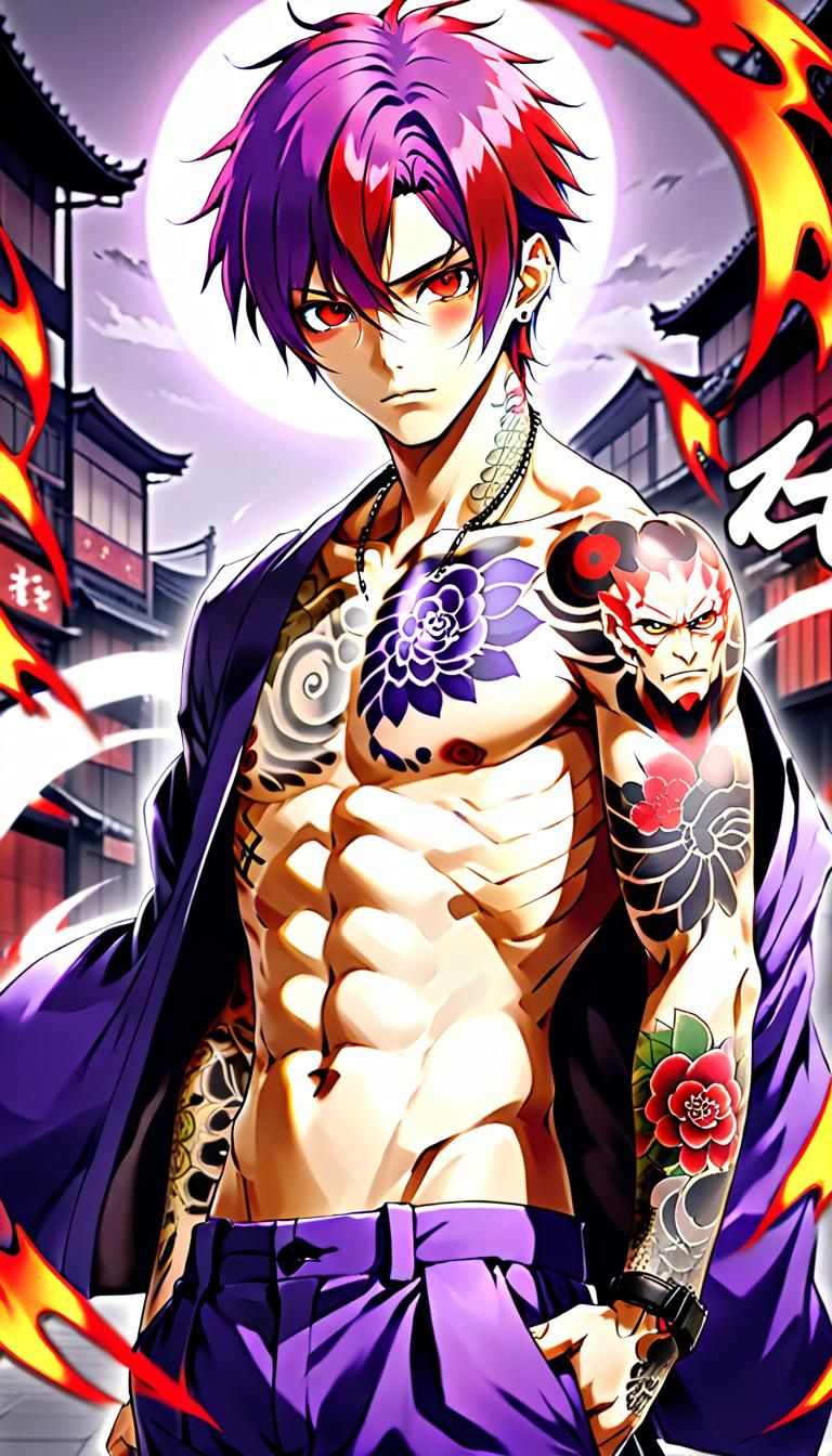 Anime male, Purple short shair, Shirtless Yakuza Anime Male, yakuza tattoos, Anime Male red eyes, red eyes, purple short...
