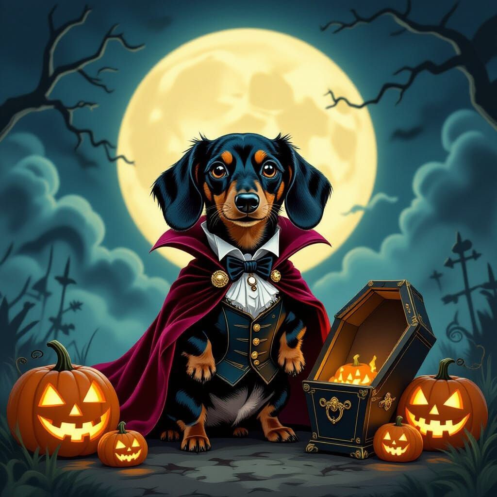 Victorian Vampire Dachshund Beside Miniature Coffin