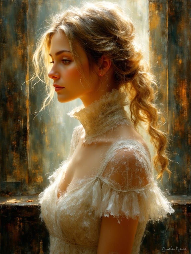 Ethereal Woman in White Lacy Dress