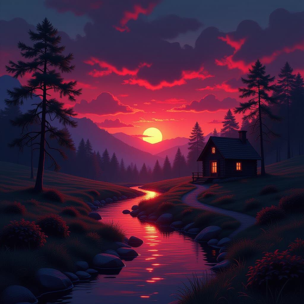 Dreamy Fantasy Cabin by Stream at Dark Red Sunset