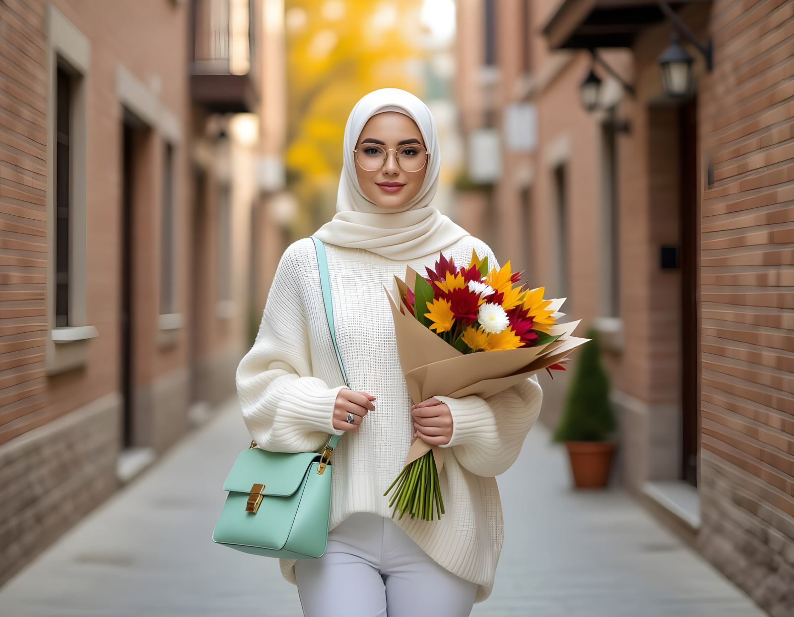 Young Hijabi Woman in Autumn Park Alley