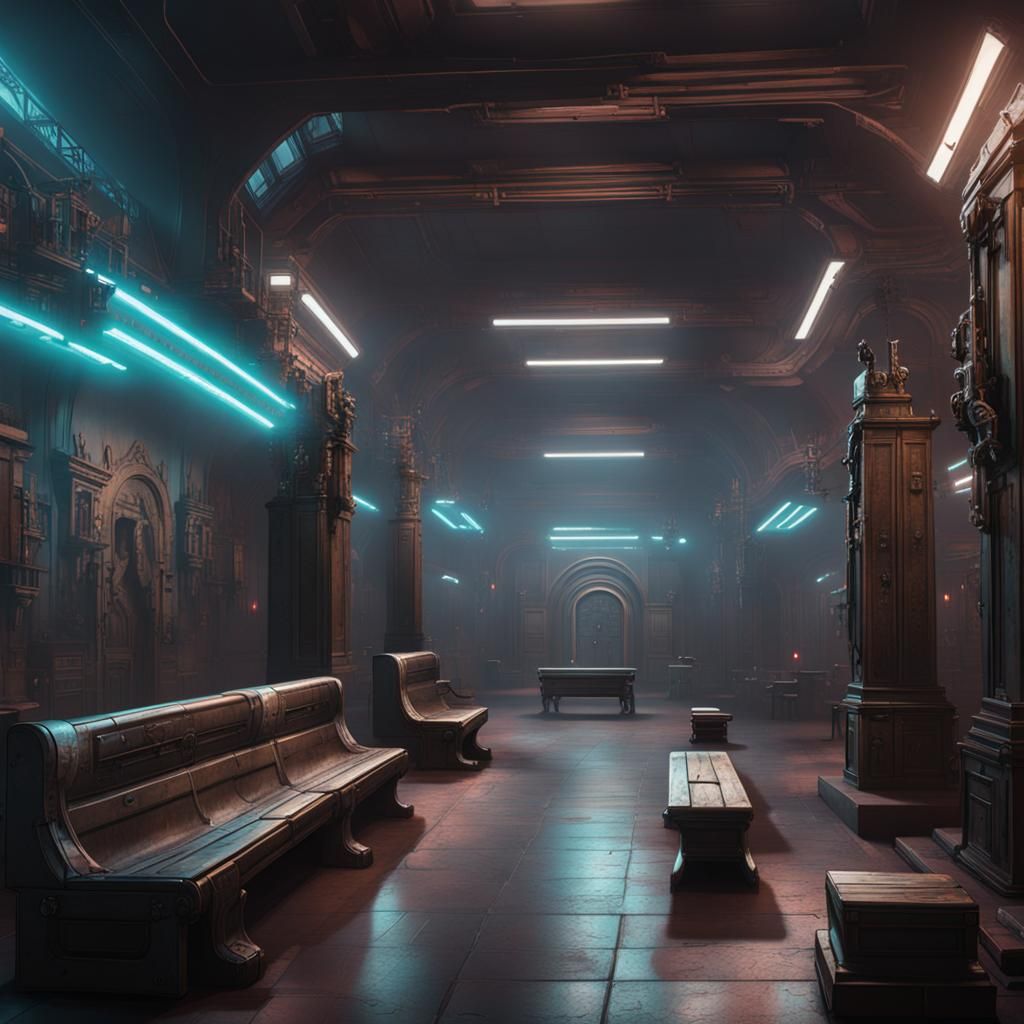 Cyberpunk Sect Hall with Guns and Statues