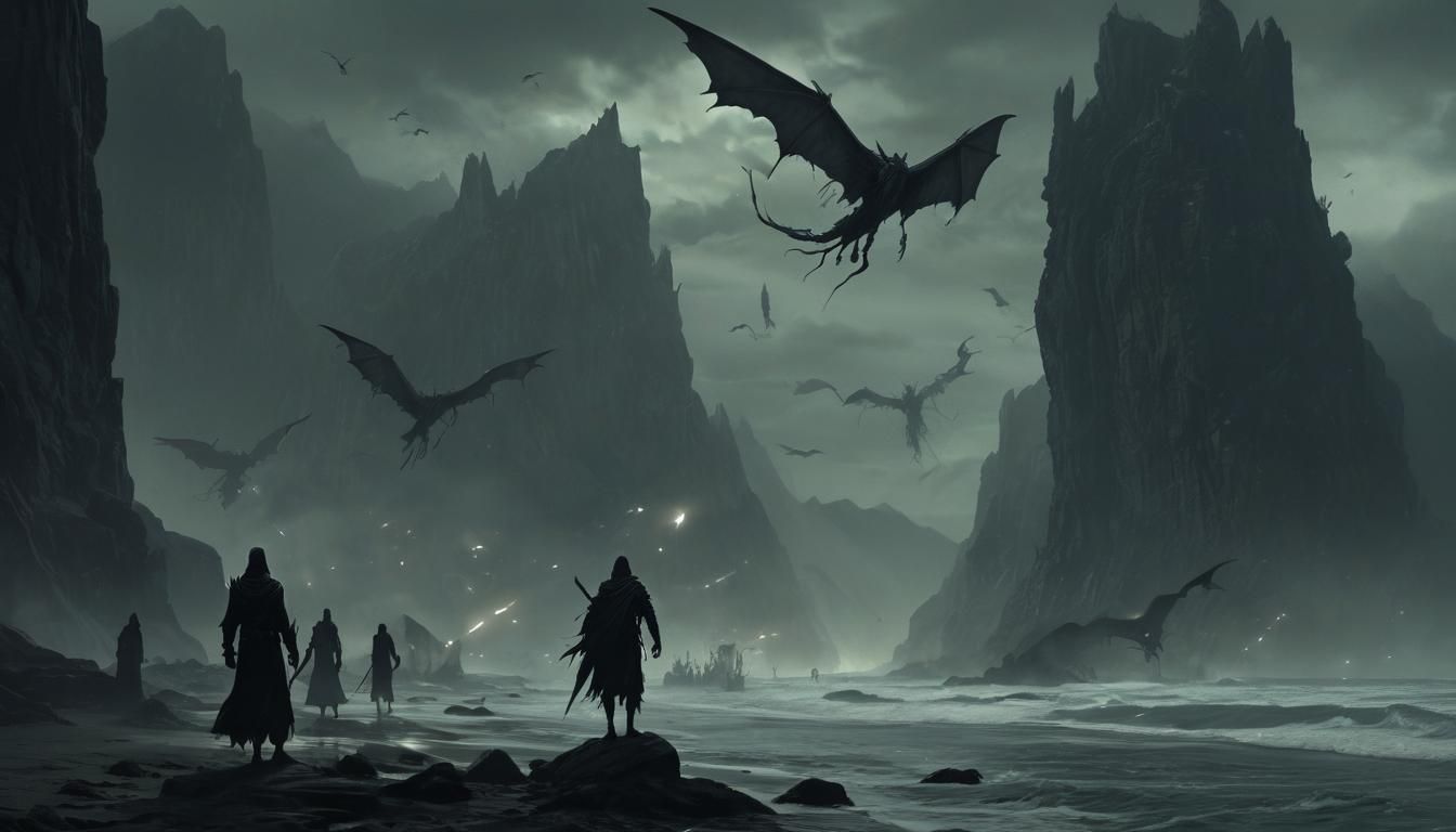 Dark Fantasy Creatures Swarm Desolate Coastline