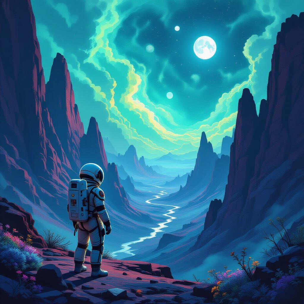 Astronaut on Alien Planet in Crystalline Canyon