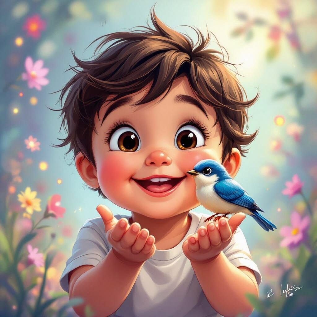 Playful Baby Blowing Kiss to Tiny Bird in Cartoon Style