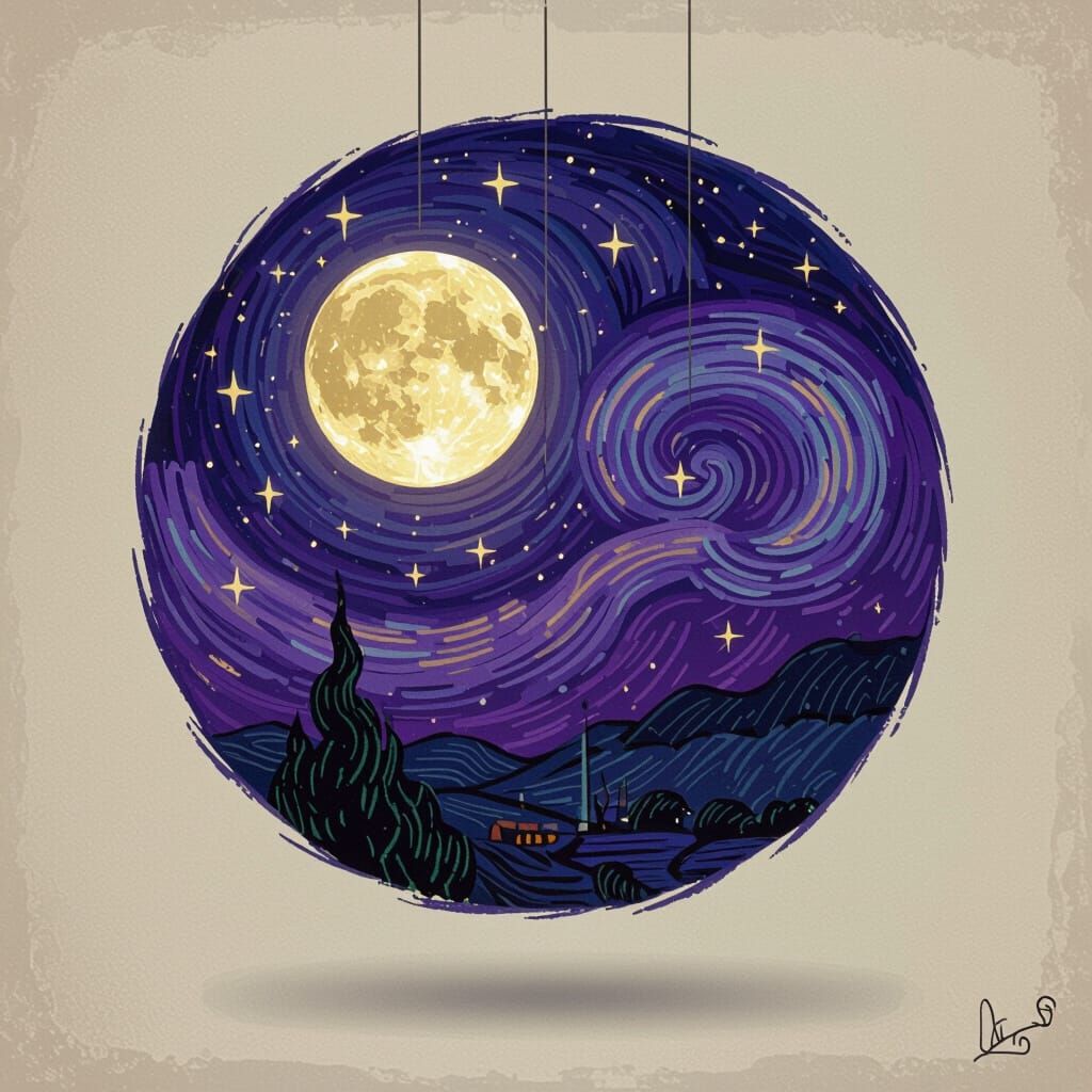 Purple Galaxy with Moon and Stars, Expressive Art