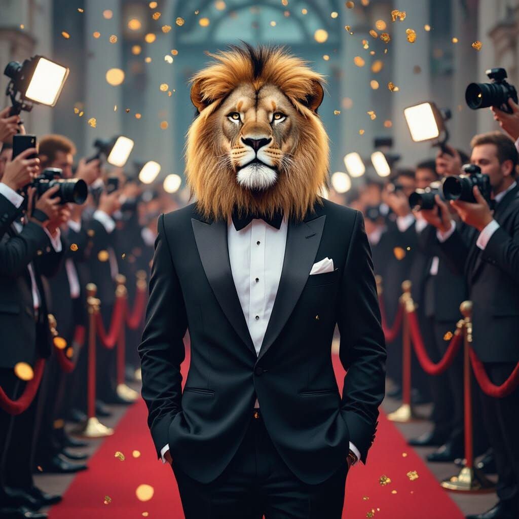 Lion in Tuxedo on Red Carpet in Pop Art Style