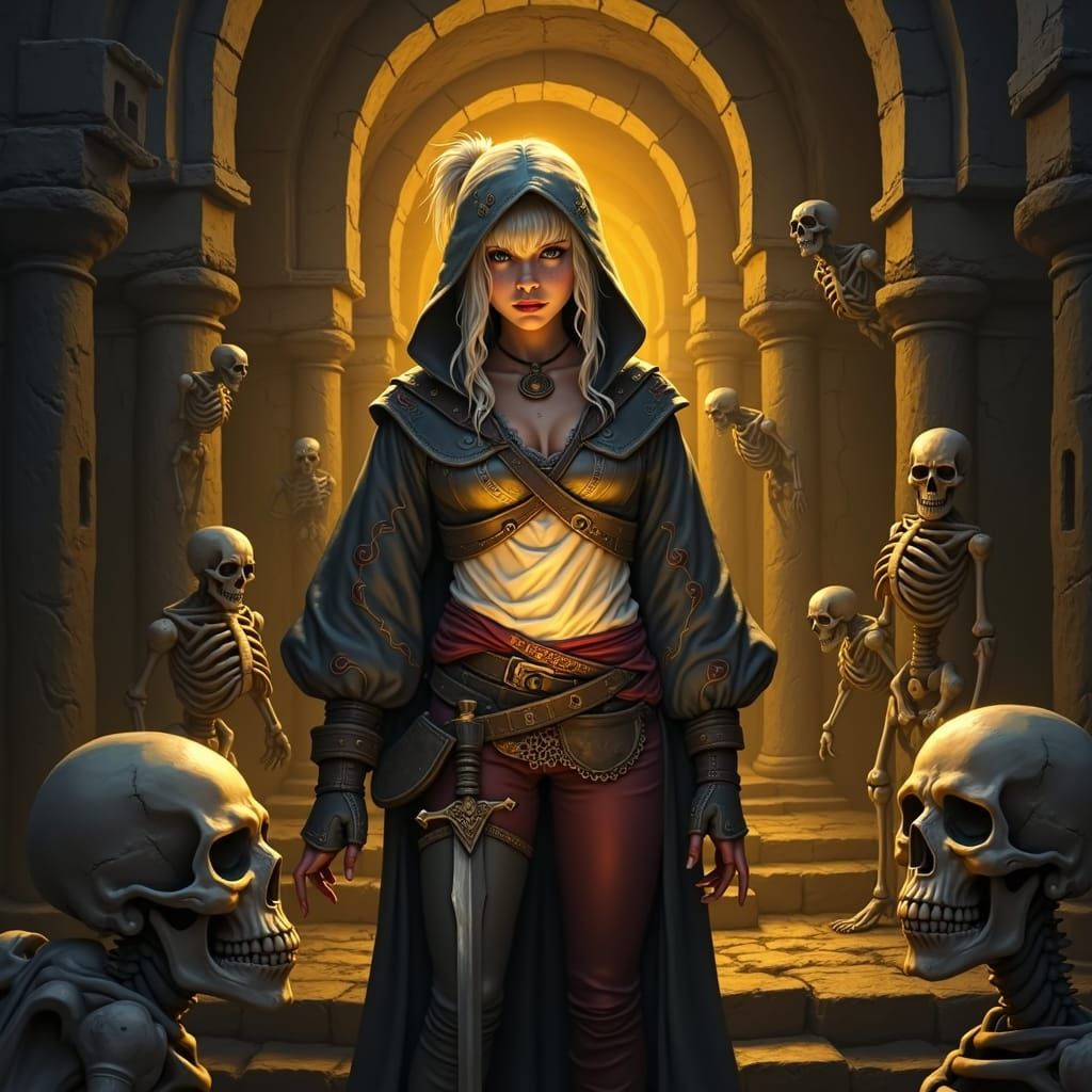 Half-Elf Warlock Amidst Unholy Horde in Crypt