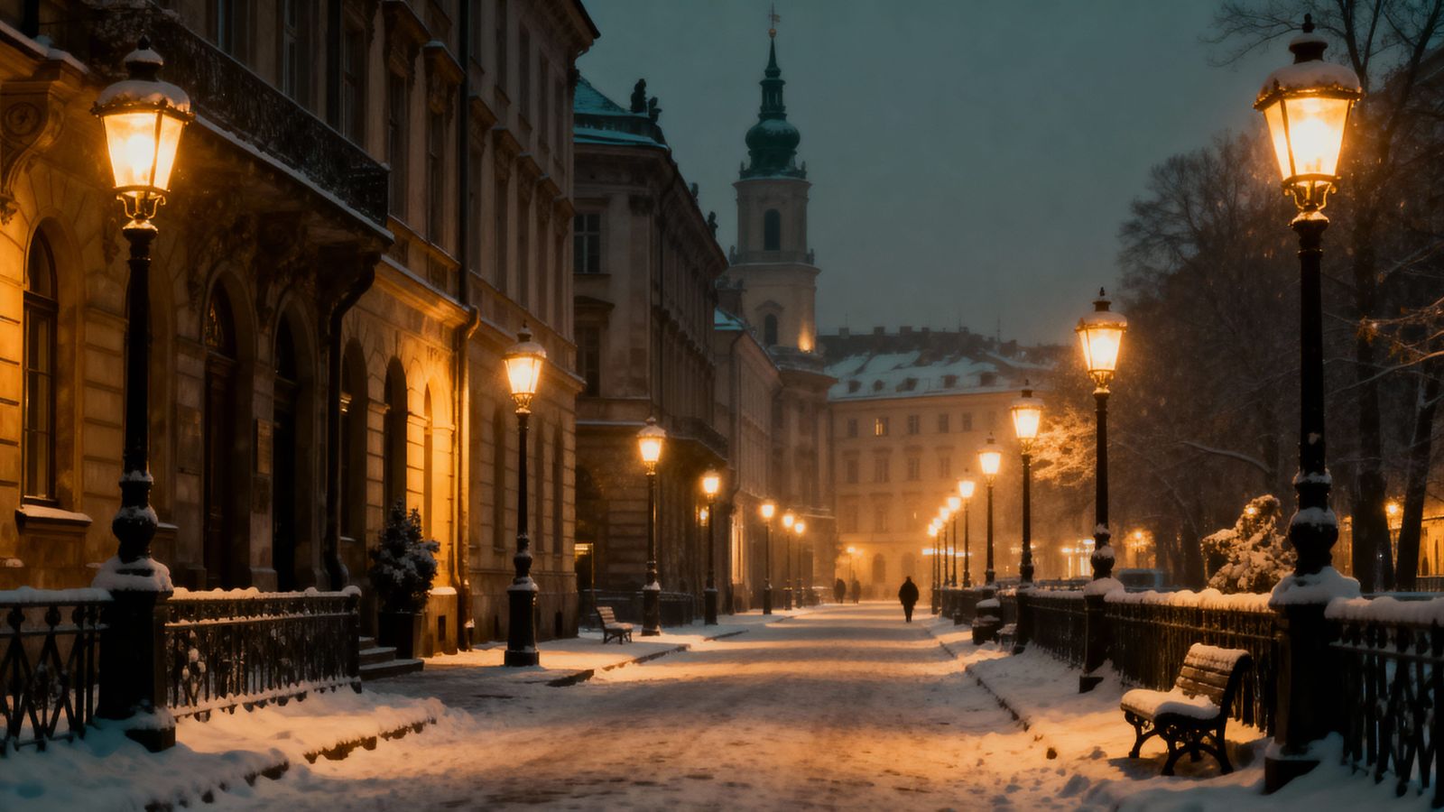 Vintage Snowy City Street at Night