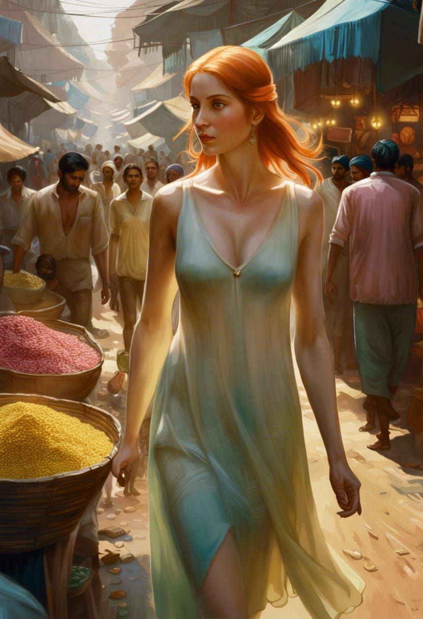 Ginger Woman in Indian Market: Hyperrealistic Digital Art