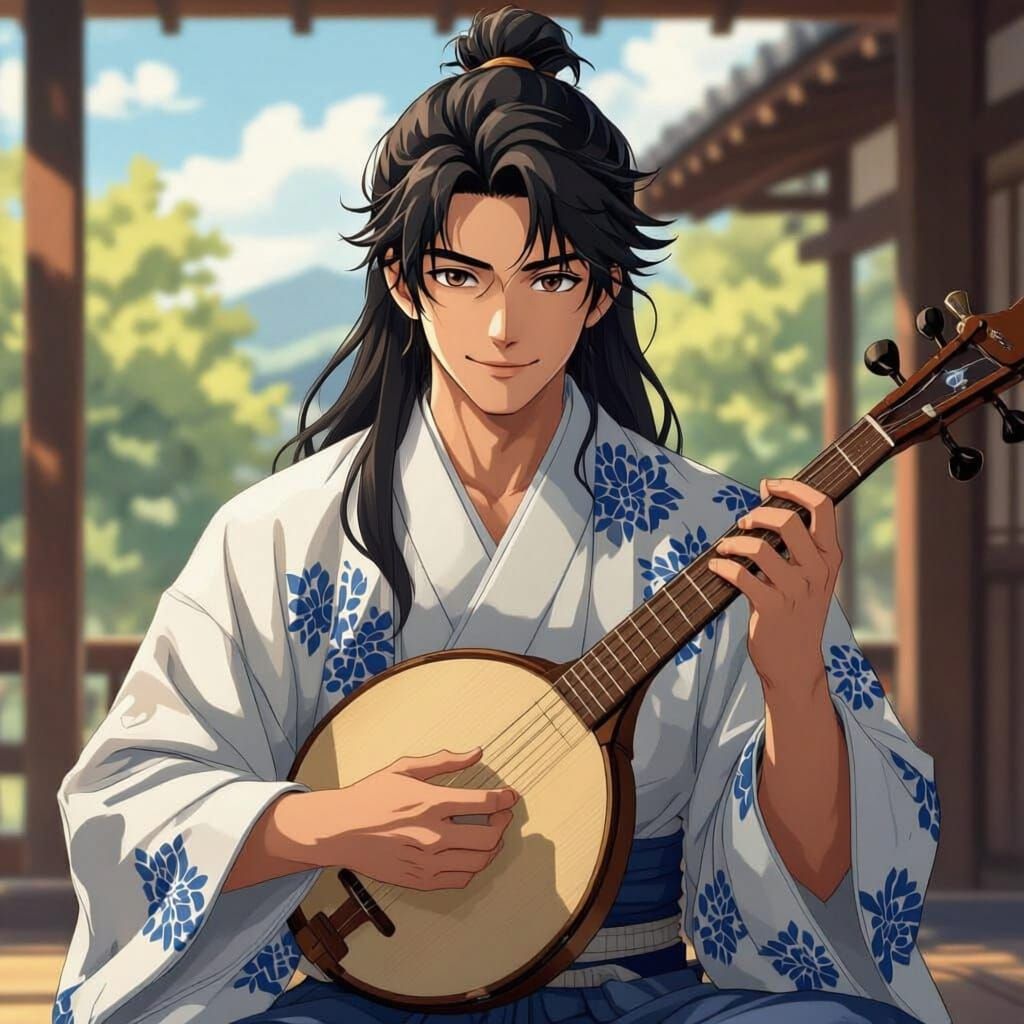 Handsome Japanese Man Playing Biwa in Feudal Japan Anime Sty...