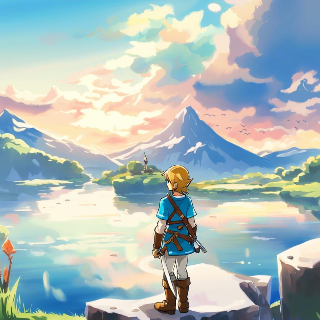Link in Anime Style with Lake Background
