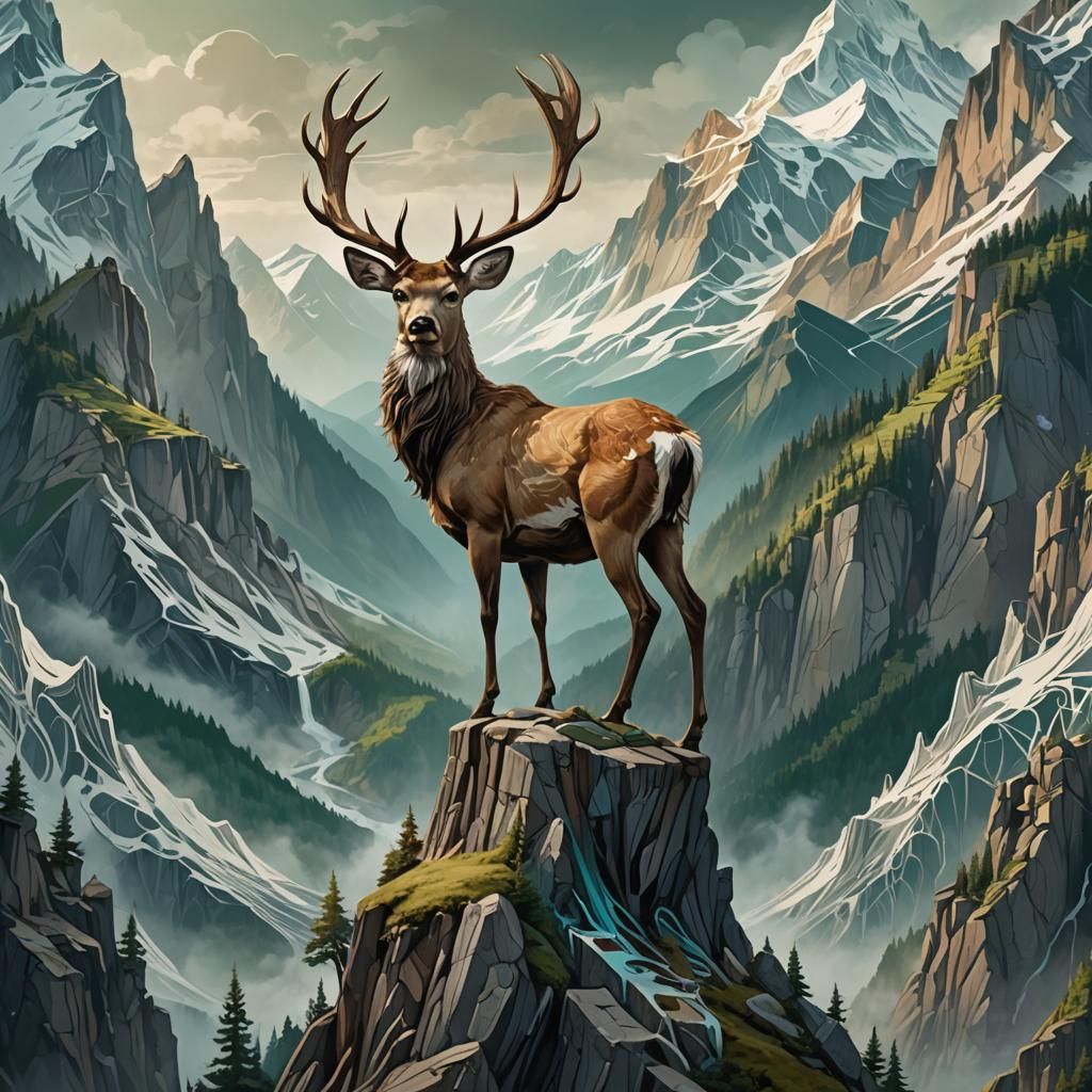 Majestic Deer on Stylized Mountain: Fantasy Matte Painting