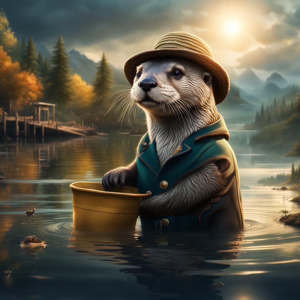 Otter in Swim Trunks and Sun Hat