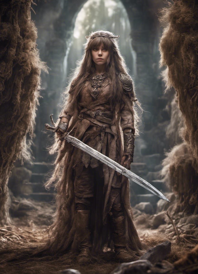 Hyperrealistic Jen from The Dark Crystal with Sword
