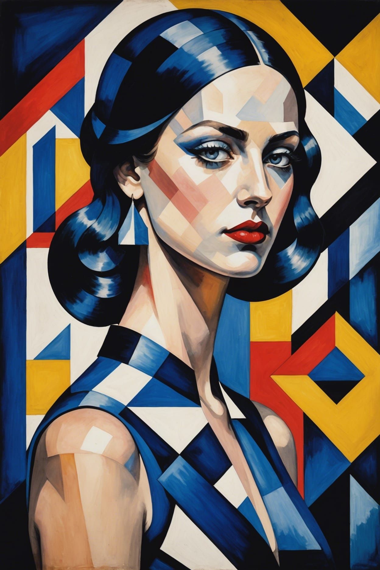 Cubist Spa Scene in Deep Color Ink Painting