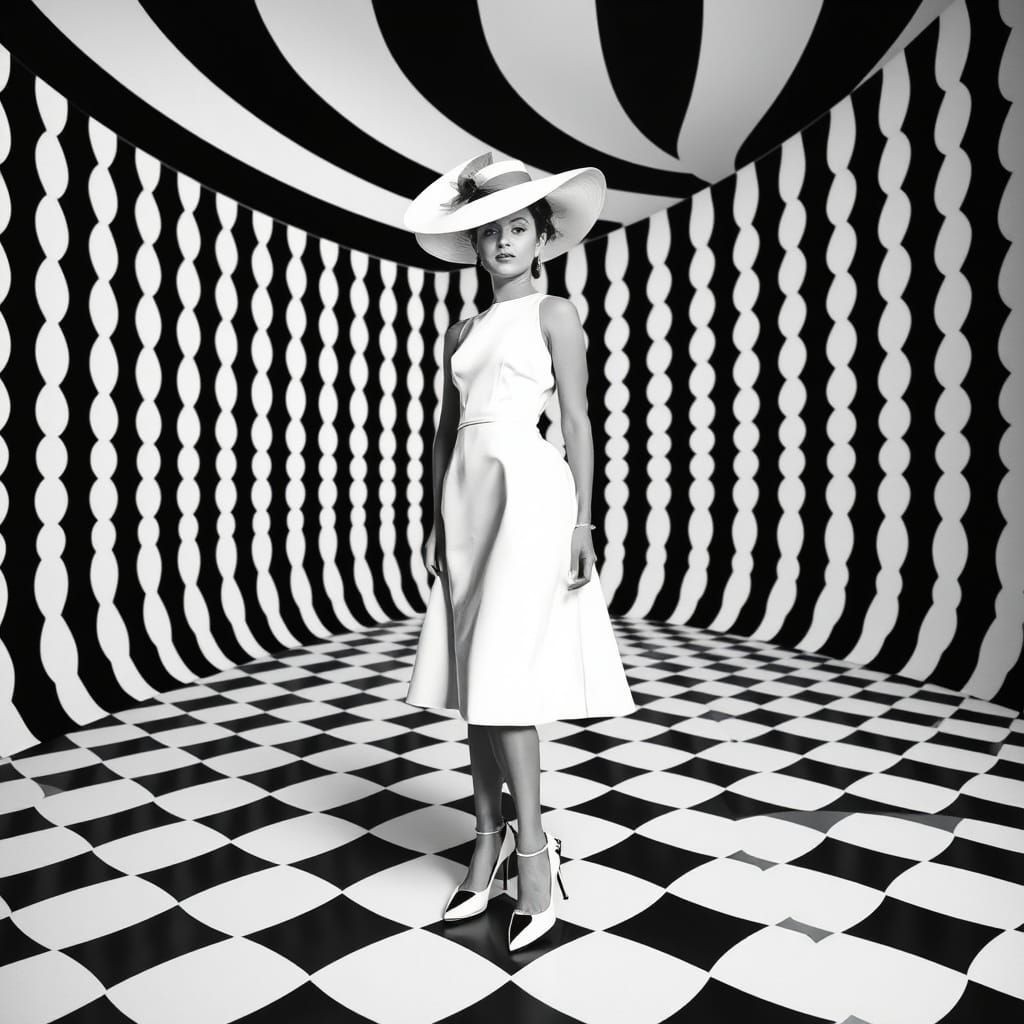 Moire Patterned Room with Elegant Woman