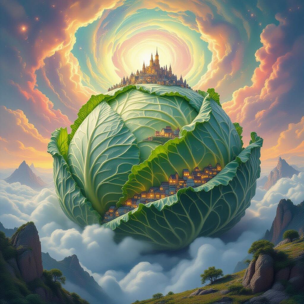 Colossal Cabbage Mountain Village Under Ethereal Sky