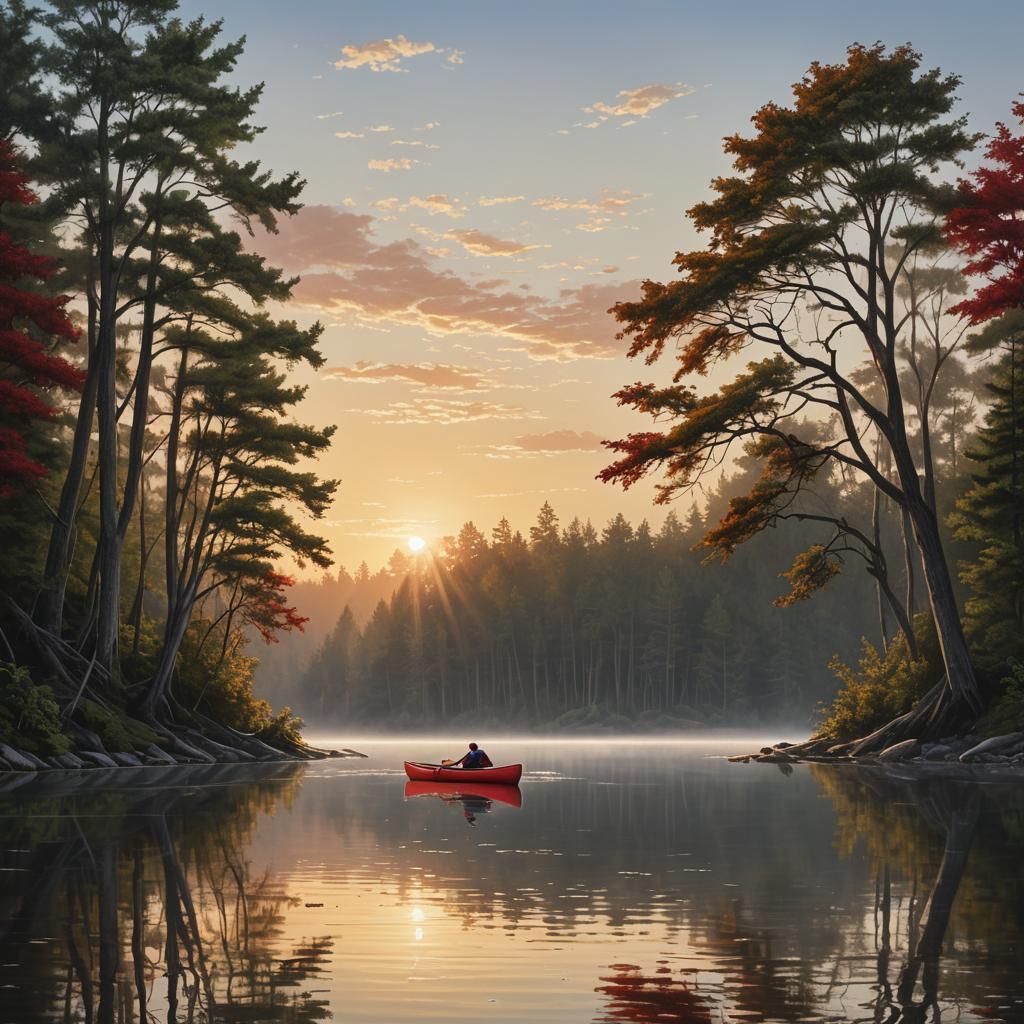 Red Canoe at Sunrise: Hyperrealistic Cinematic Image