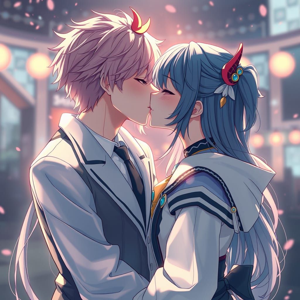 Anime-Inspired Teenage Lovers Share a Tender Kiss