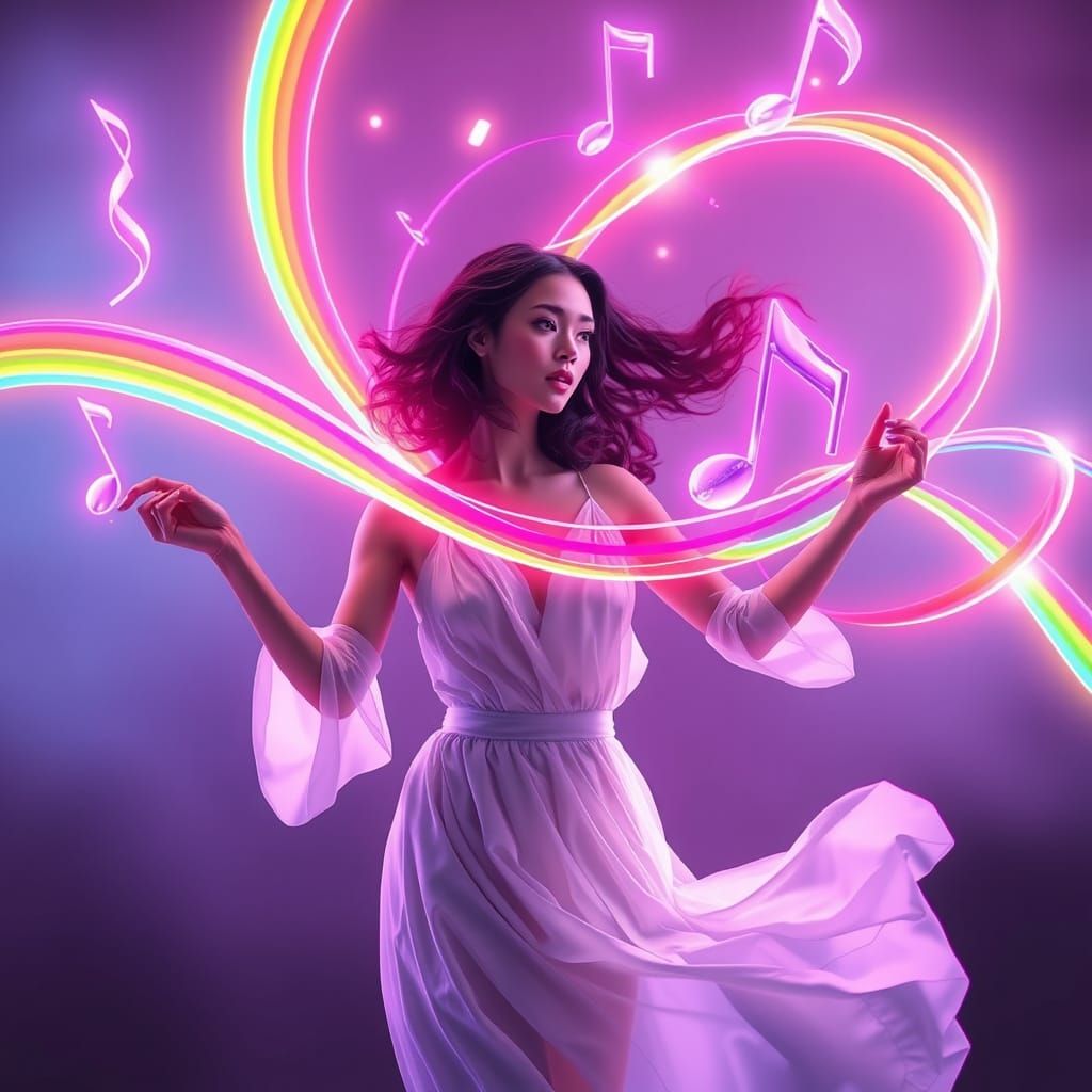 Chrome Musical Notes Conducted in a Neon Dreamscape