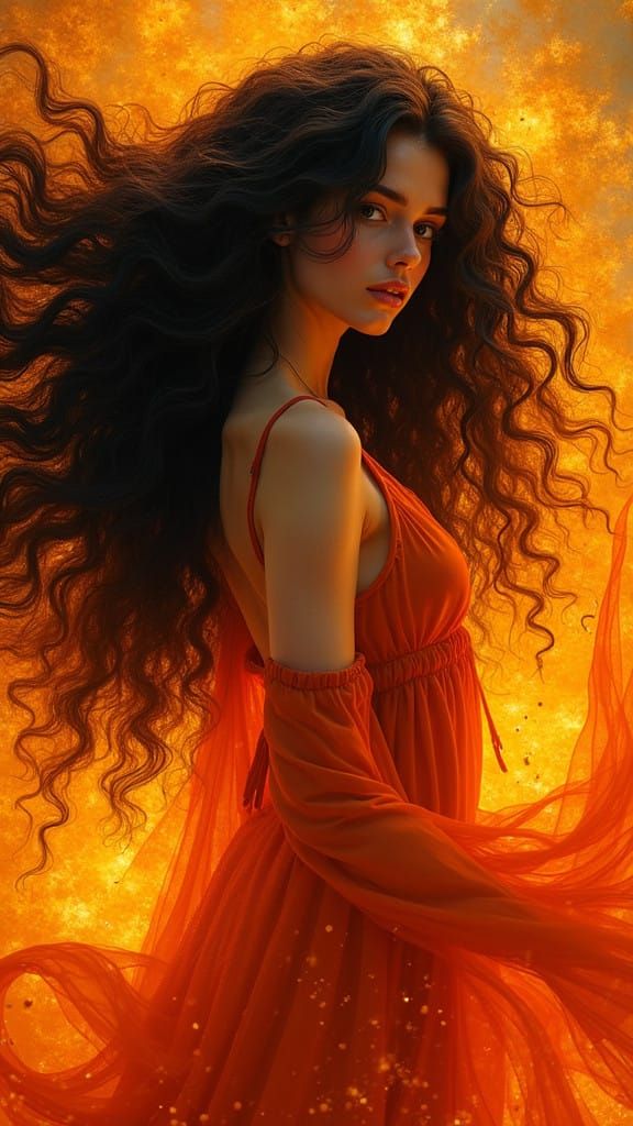 Fiery Goddess with Locks Ablaze in Art Nouveau Style