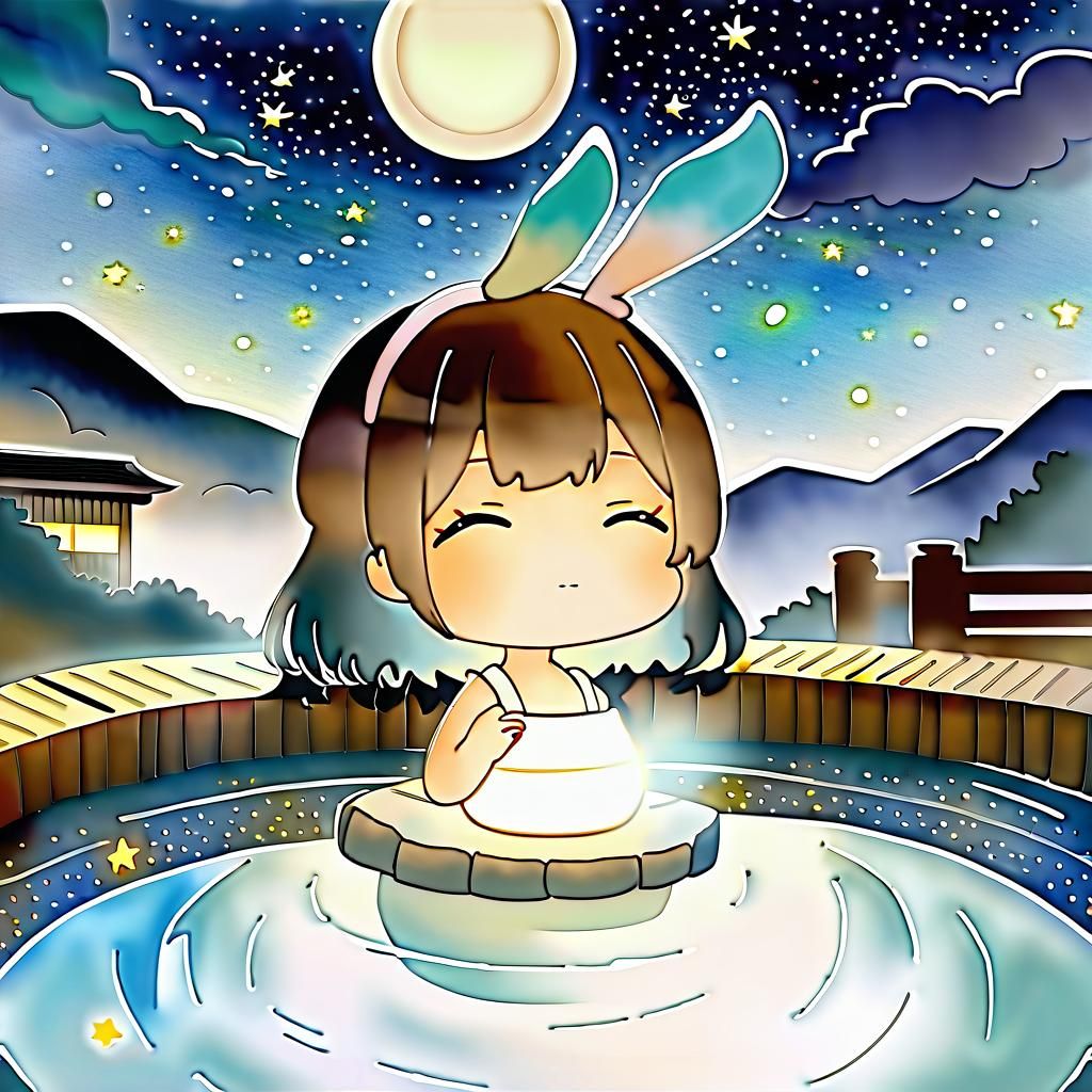 Chibi Girl Relaxing at Japanese Onsen in Anime Art