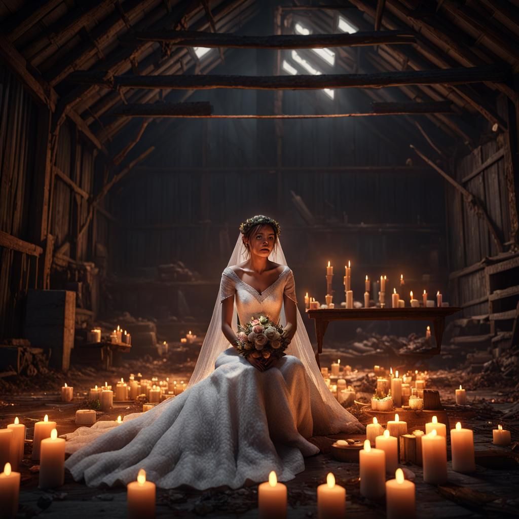 Distressed Bride in Abandoned Barn: 3D Cinematic Render