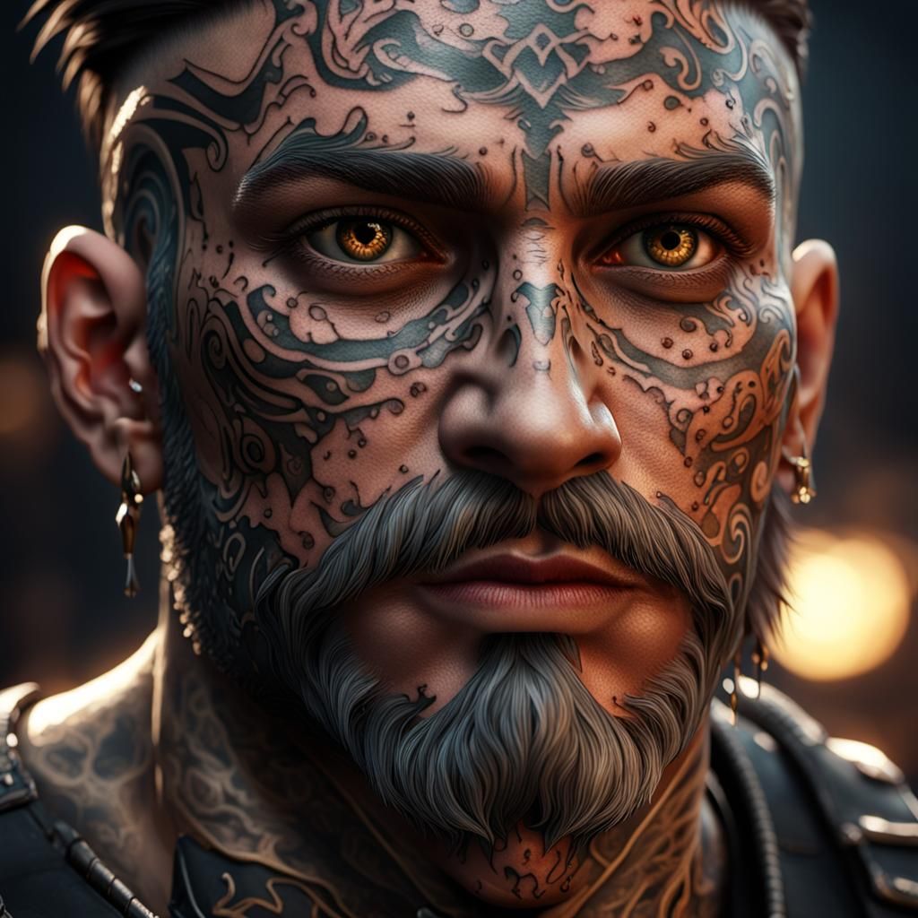 Intricate Tattoo Face in 3D Game Cinematic Style