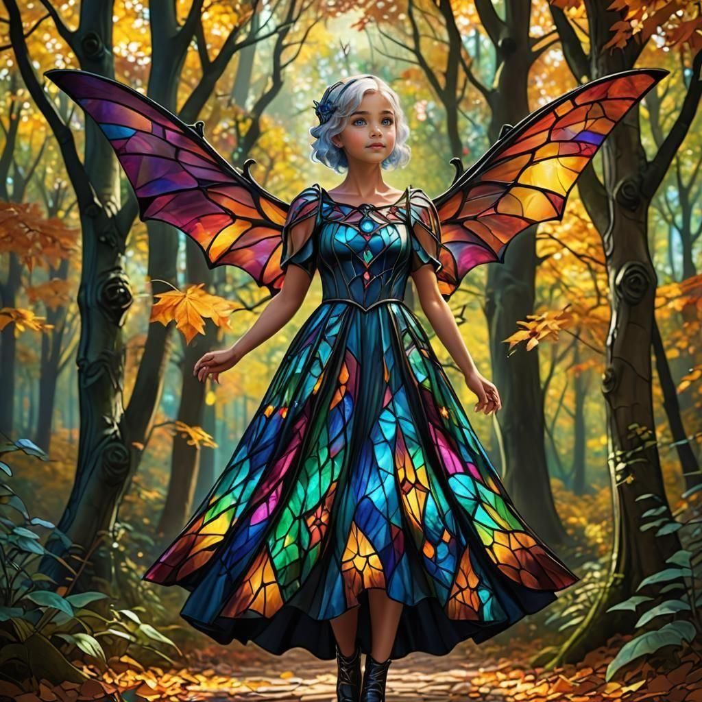 Pixie in Stained Glass Dress in Autumn Forest