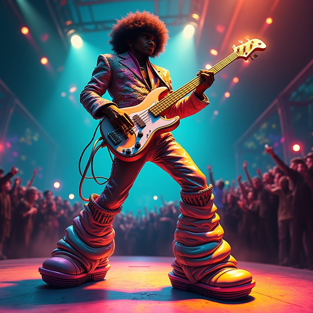 Funky Bass Player in George Clinton Boots Shredding on Futur...