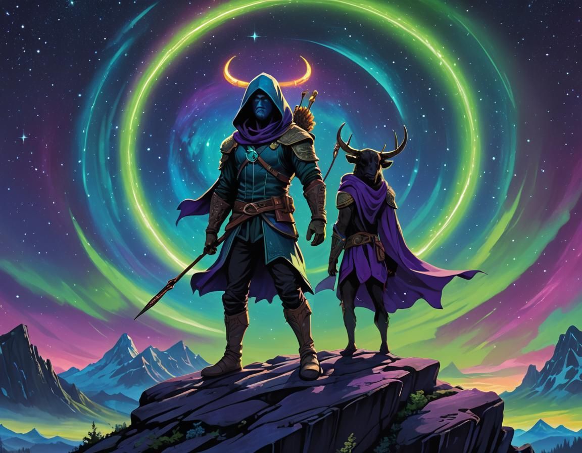 Archer on Moon Rock with Aurora and Zodiac Halo