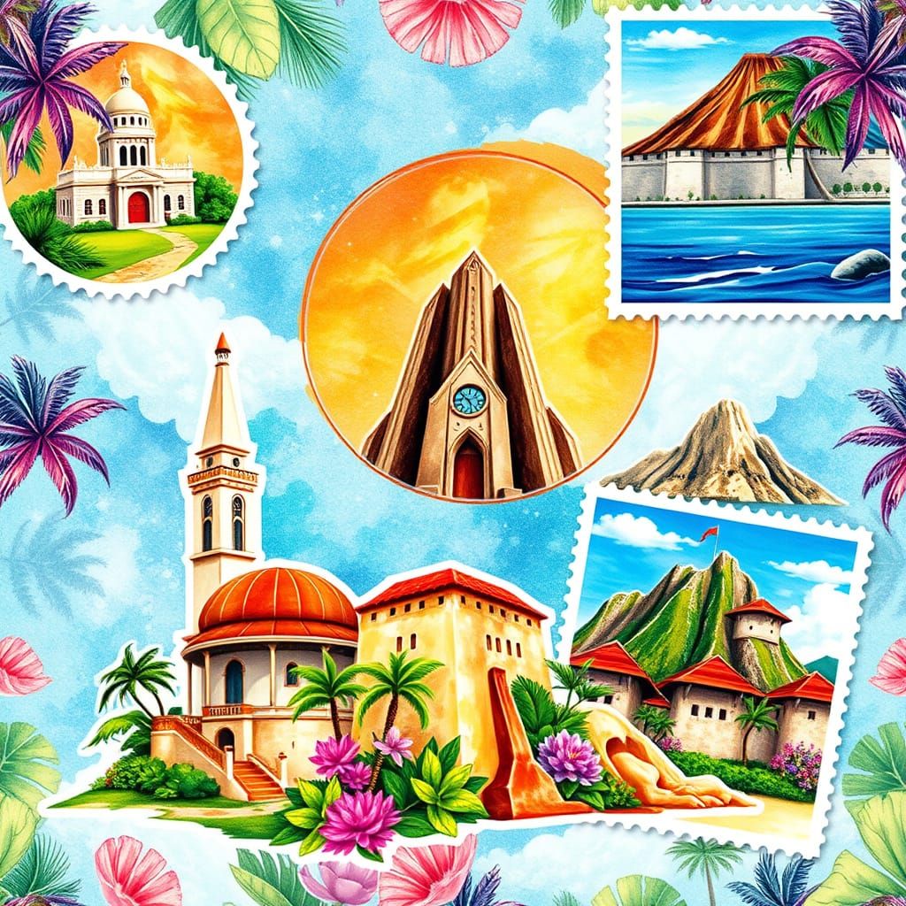 Tropical Travel Collage in Watercolor Style