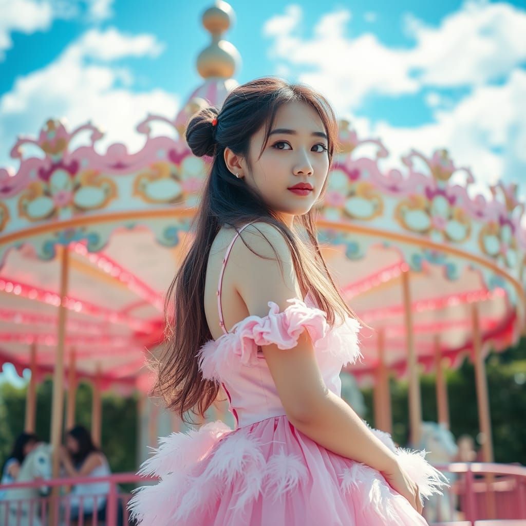 Japanese Woman in Pink Dress at Carousel
