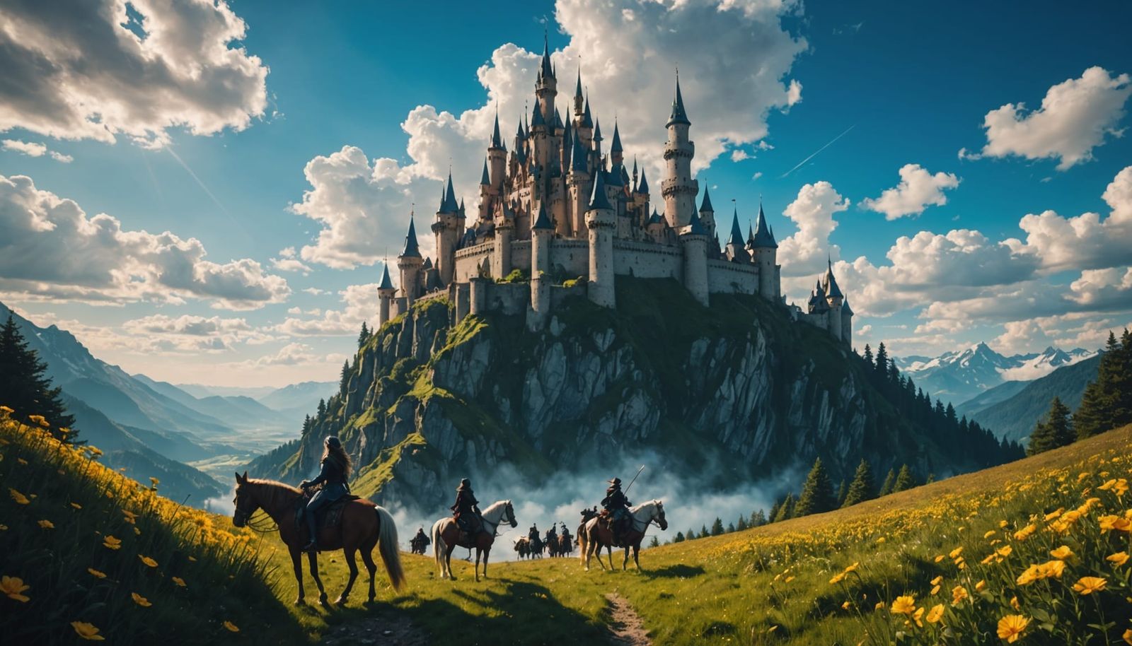 Fairytale Castle Amidst Majestic Mountains and Clouds