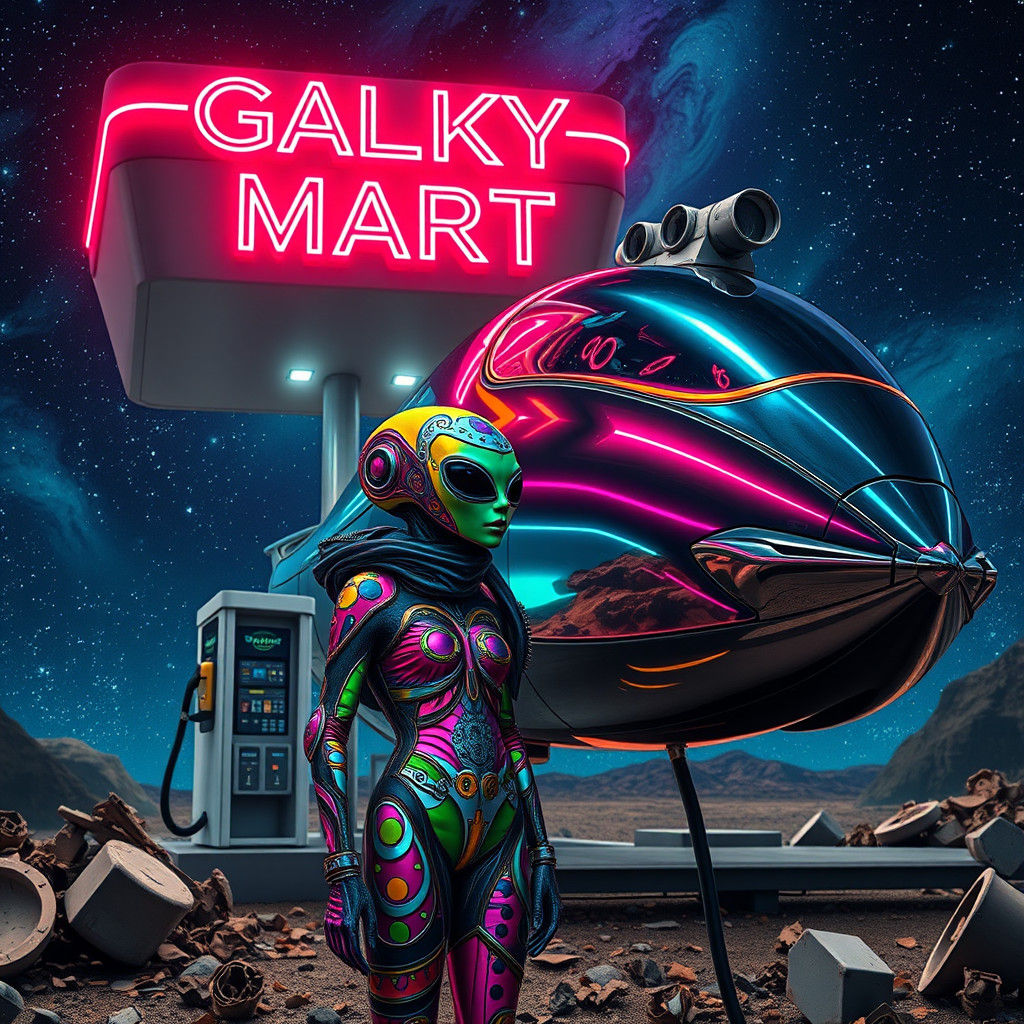 Cosmic Gas Station: Alien Couple at Galaxy Mart