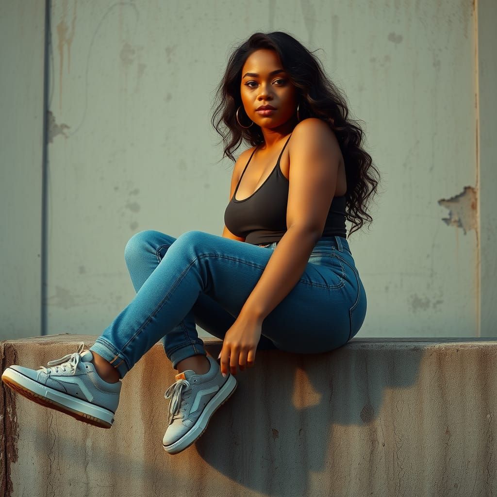 Curvy Woman on Concrete Wall in Stylized Realism