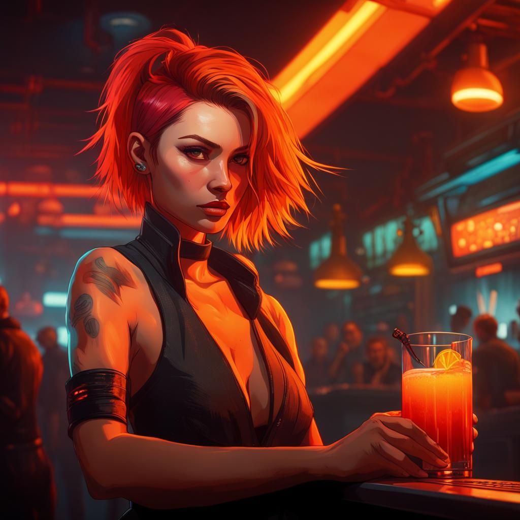 Redhead bartender at a cyberpunk bar