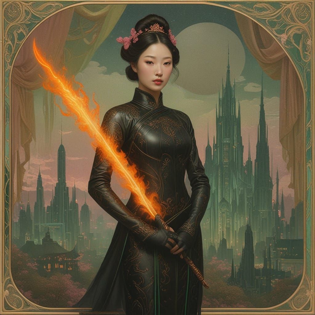 Cyberpunk Princess Wields Zweihander in Alien Metropolis