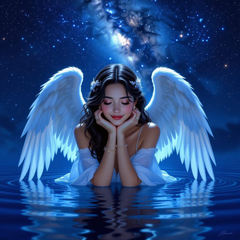 Angel Woman in Universe with Milky Way Reflected in Lake