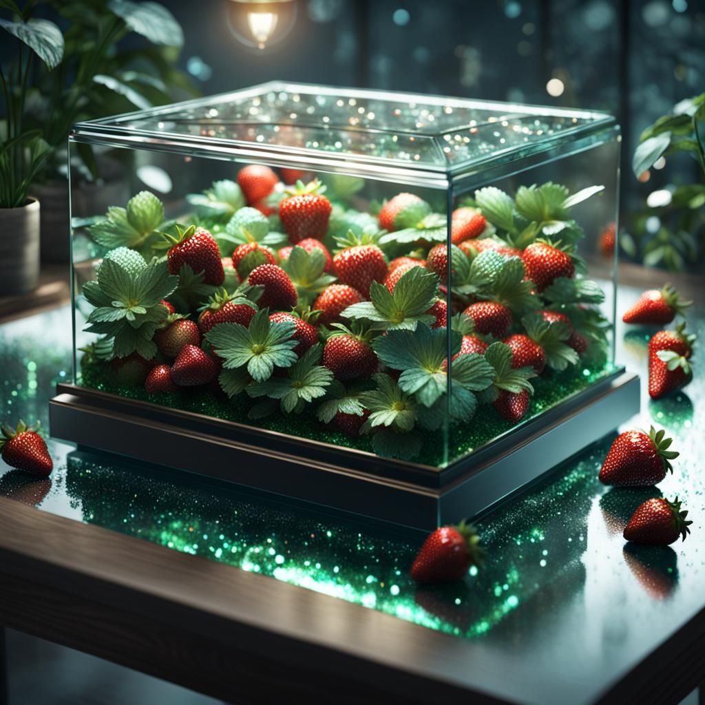 Glittery Strawberries Growing in Glass Terrarium